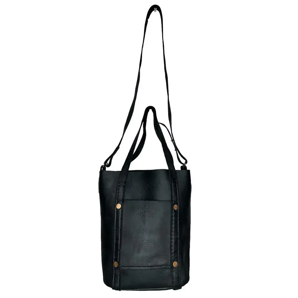 Haiti Made Mini Travay Upright Saddle Black Leather Tote Bag Purse Front Pocket
